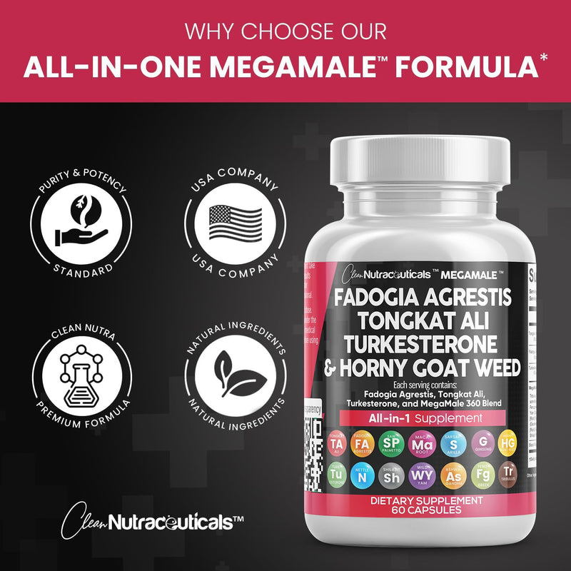 [Australia] - Fadogia Agrestis 5000mg Tongkat Ali 25000mg Turkesterone 5000mg Supplement with Horny Goat Weed, Saw Palmetto, Maca Root, Siberian Ginseng, Tribulus Terrestris, Fenugreek, Wild Yam - 60 Count 