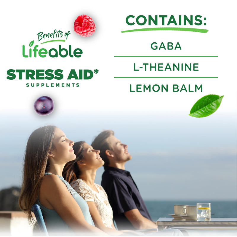 Lifeable Stress Aid Gummies | with Lemon Balm, GABA and L Theanine Supplements | Vegan Non GMO Mood Support Supplement | Great Tasing Stress Vitamins | L-Theanine for Women and Men | 90 Gummies