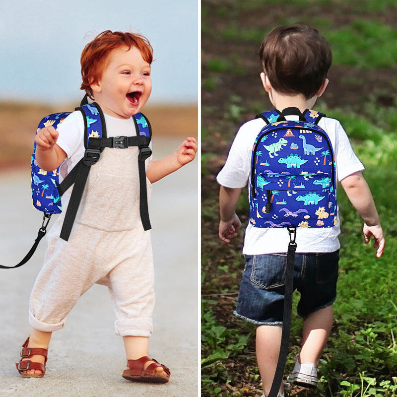 [Australia] - Accmor Toddler Backpack Leash, Cute Dinosaur Kids Backpack with Anti Lost Wrist Link, Mini Child Backpack Leash Walking Harness for Outdoor Travel, Adorable Backpack Tether for Baby Boys 1-3 Blue/Volcanic Dino, Blue Link 