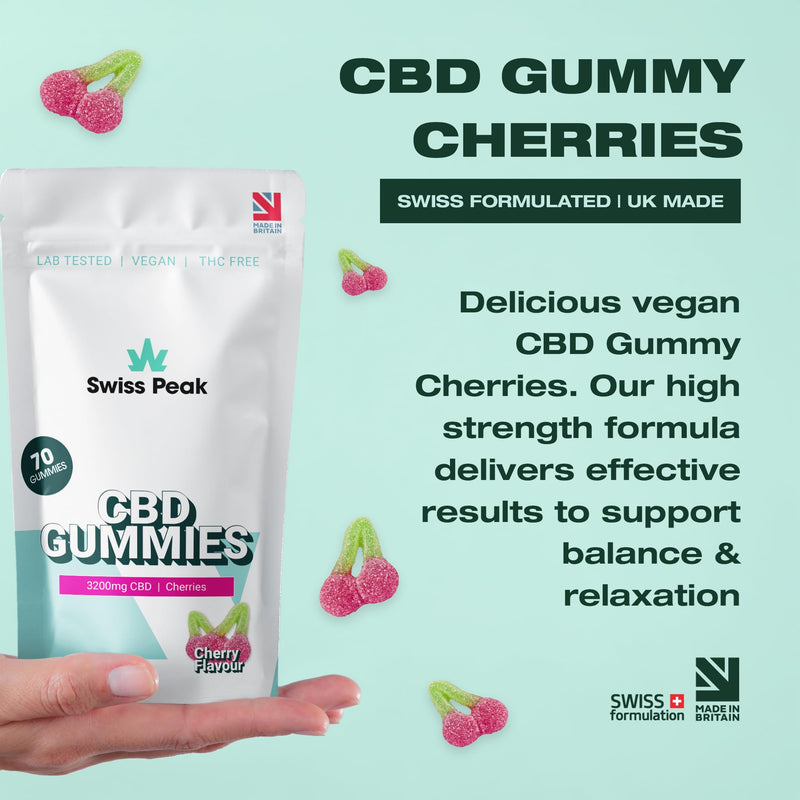 Swiss Peak, High-Strength 3200mg CBD Cherry Flavoured Gummies, 70 Gummies Per Tub, Non-GMO, All Natural & No THC, Vegan, Gluten-Free | UK-Made