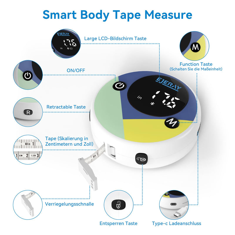 [Australia] - EJERAY Smart Body Measuring Tape, Bluetooth Body Fat Measuring Tape with App, Measuring Tape Body Measurements of Biceps, Chest, Hips, Calves, Thighs and Neck, Fitness Tape Measure, 60in/150cm 