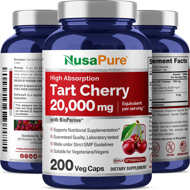 [Australia] - NusaPure Tart Cherry 20,000mg - 200 Veggie Caps (Vegan, Non-GMO, Vegan) Bioperine, Organic Tart Cherry Fruit 200 Count (Pack of 1) 