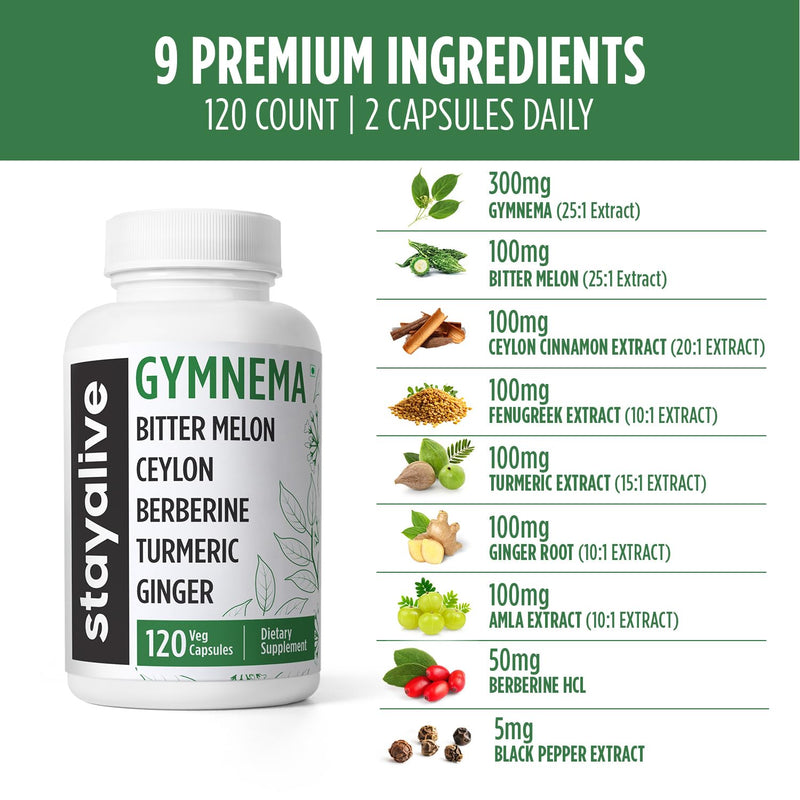 [Australia] - STAY ALIVE Gymnema Sylvestre 25:1 Extract, 120 Capsules with Bitter Melon, Ceylon Cinnamon, Berberine, Turmeric, Ginger, Amla Powder and Fenugreek, Non-GMO & Gluten Free Gymnema Sylvestre Supplement 