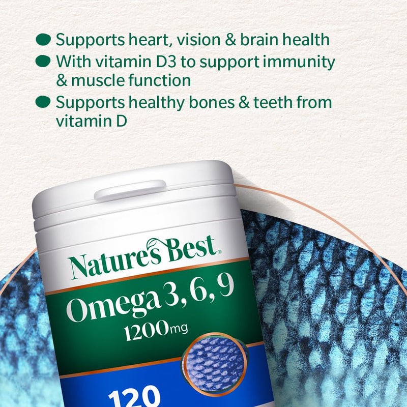 Nature's Best Omega 3, 6, 9 with Vitamin D3-1-2 Daily - UK Made - 120 Capsules (3+ Months' Supply)