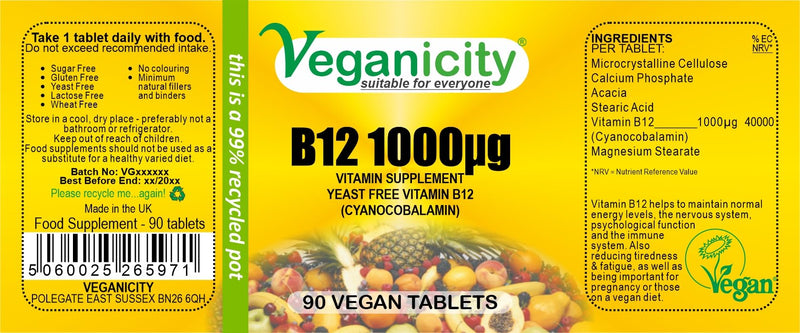 B12 1000µg : High Strength Vitamin B12 Supplement : 90 Tablets, in a Planet-Friendly 99% Recycled Pot 90 count (Pack of 1)