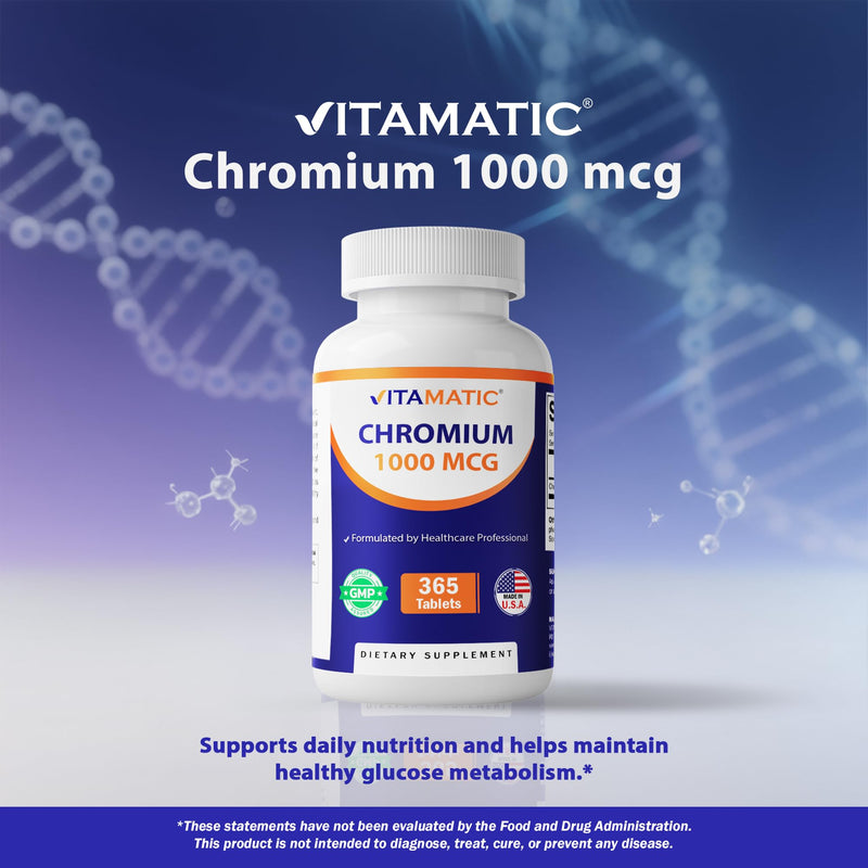 Vitamatic Chromium 1000 mcg | 365 Tablets | High Potency Chromium Picolinate | Non-GMO, Gluten Free