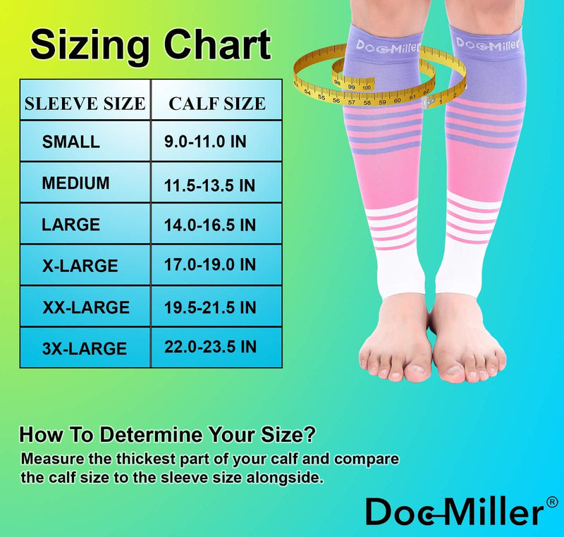 Doc Miller Compression Calf Sleeve for Men & Women, 20-30 mmHg Graduated Support, Knee High, Running, Shin Support, Calf Sleeves, Striped Design, 1 Pair X-Large Pink.Violet.White