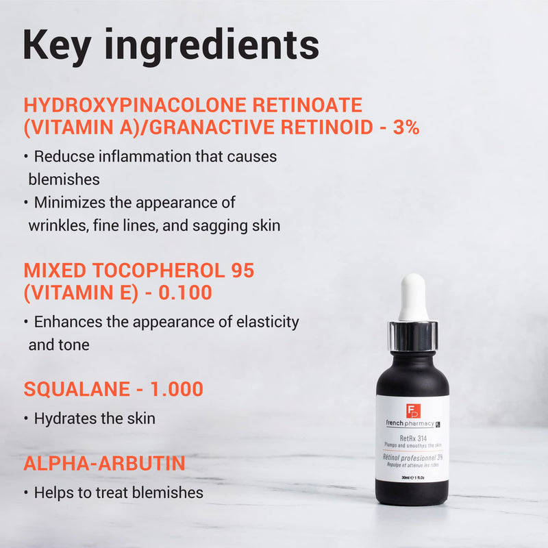 French Pharmacy RetRx 314 Professional Facial Retinol Serum - Skin Renewing - Anti-Aging - Increase Elasticity, Plumpness & Brightness - For All Skin Types - 1oz