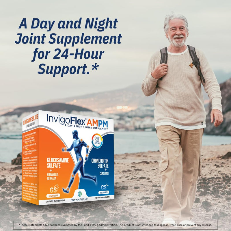 INVIGOFLEX® AMPM - Glucosamine & Chondroitin Sulfate - Turmeric Curcumin - Boswellia Serrata (Non GMO) for Knees, Hands, Back and Hip 24 - Hour Premium Joint Supplement 120 Count (Pack of 1)