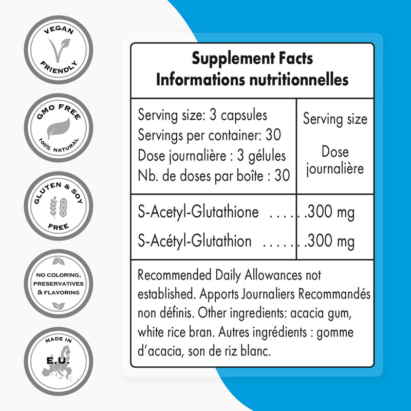 Supersmart S-Acetyl Glutathione 300mg per Day (High Absorption) - Stable Form of L-Glutathione Tripeptide - GSH Supplement | Non-GMO & Gluten Free - 90 Vegetarian Capsules