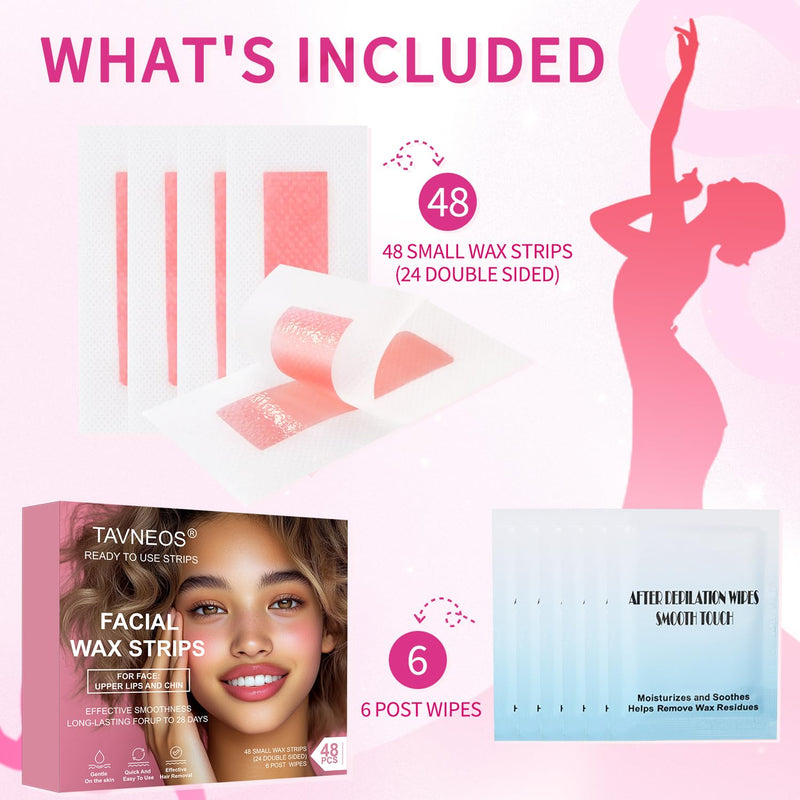 [Australia] - 48 PCS Facial Wax Strips with Rose Extract - Gentle Hair Removal for Face & Body for Women - At Home Waxing Kit with 6 Calming Oil Wipes for Sensitive Skin, Eyebrows, Upper Lip, Bikini Rose pink 1 Count (Pack of 48) 