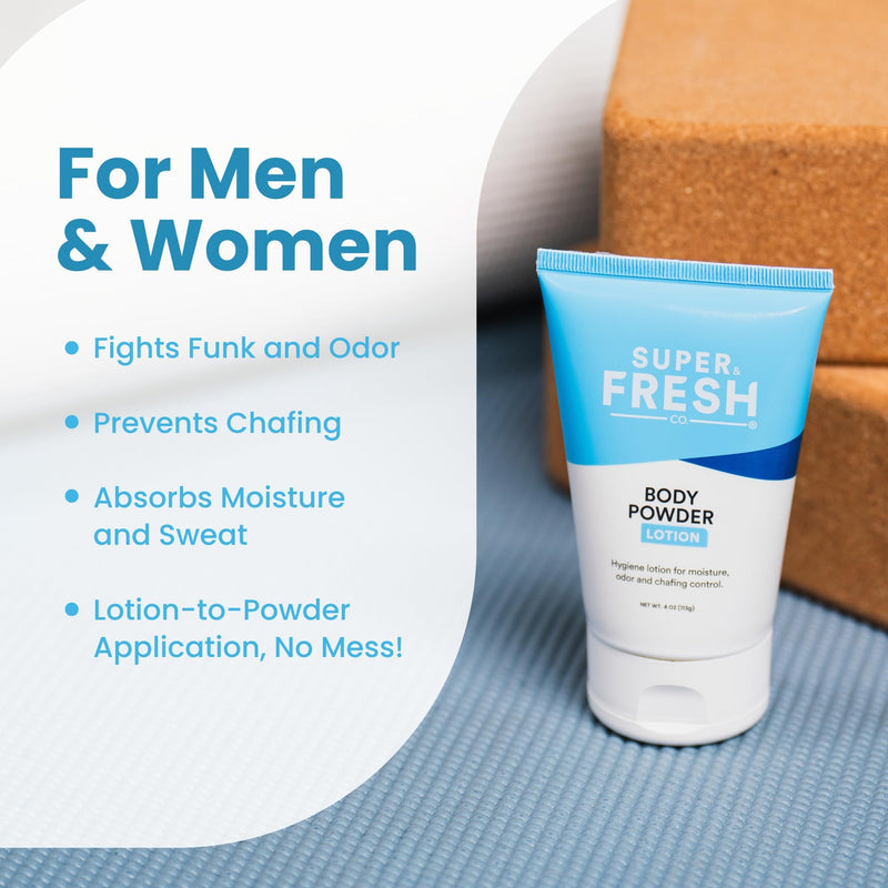 Super Fresh Body Powder Lotion, Talc Free Anti-Chafing, No Mess, 4oz 2-Pack | Talc Free Anti Chafing Deodorizing No Mess Body Powder Cream, Men and Women Natural, Sweat and Odor Protection 4 fl oz 2-Pack 4 Fl Oz (Pack of 2)