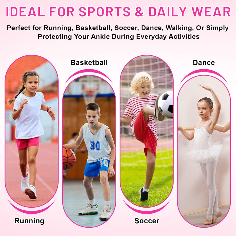2 Pairs Kids Ankle Brace Set, Children Foot Support Stabilizer Wraps Protector Guard, Ankle Support Elastic Kids Compression Socks, for Plantar Fasciitis, Swelling, Injury Recovery Pink Medium