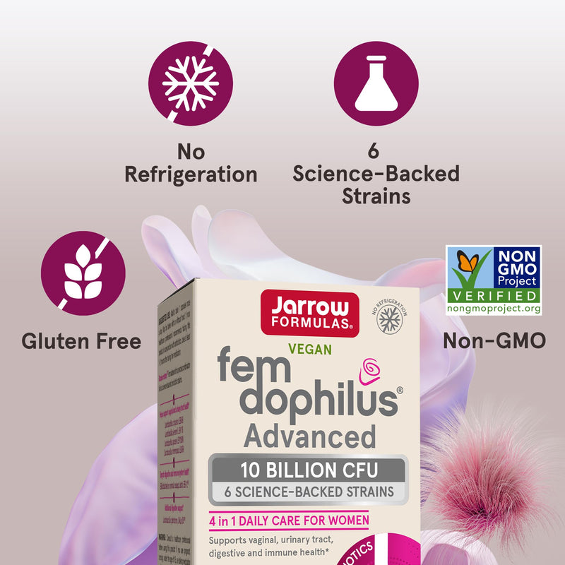 [Australia] - Jarrow Formulas Fem-Dophilus Advanced Probiotics 10 Billion CFU With 6 Science-Backed Strains, Dietary Supplement for Vaginal, Urinary Tract and Digestive Support, 30 Veggie Capsules, 30 Day Supply 