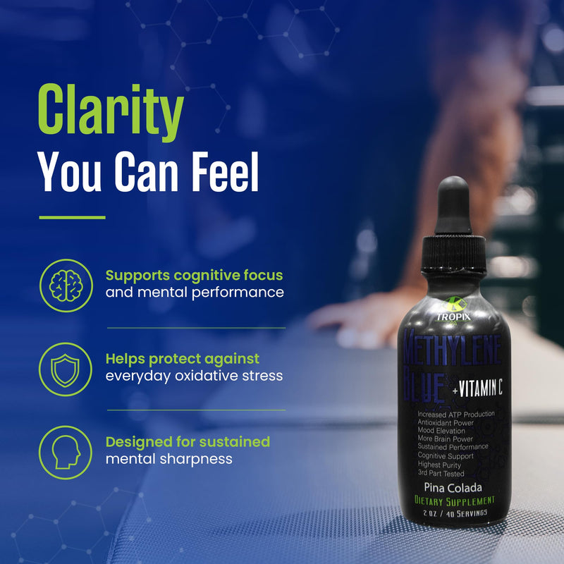 K TROPIX Methylene Blue + Vitamin C, USP Grade, Cellular Energy, 2oz Bottle | Natural Flavors, 97.63% Purity, Cognitive Support & Antioxidant Defense, Clean Formula, GMP-Certified, Lab-Tested