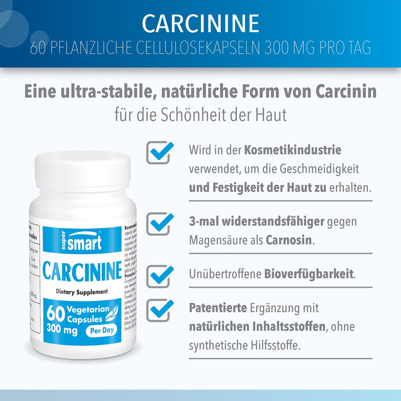 [Australia] - Carcinin 300 mg per day - Helps keep skin supple and firm - Helps fight glycation - Patented Glycoless® formula - Anti-aging - Vegan - Gluten-free - Supersmart 