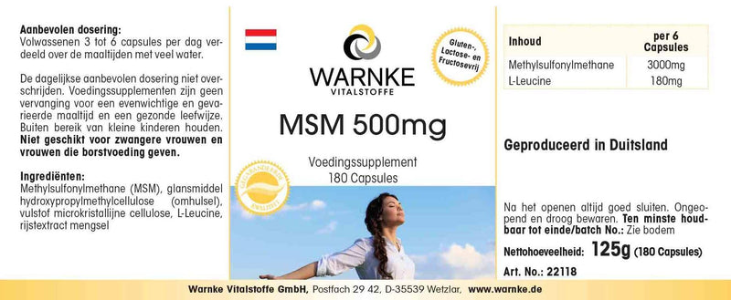 [Australia] - MSM 500mg - 180 capsules - high dose - methylsulfonylmethane | Warnke vital substances - German pharmacy quality 