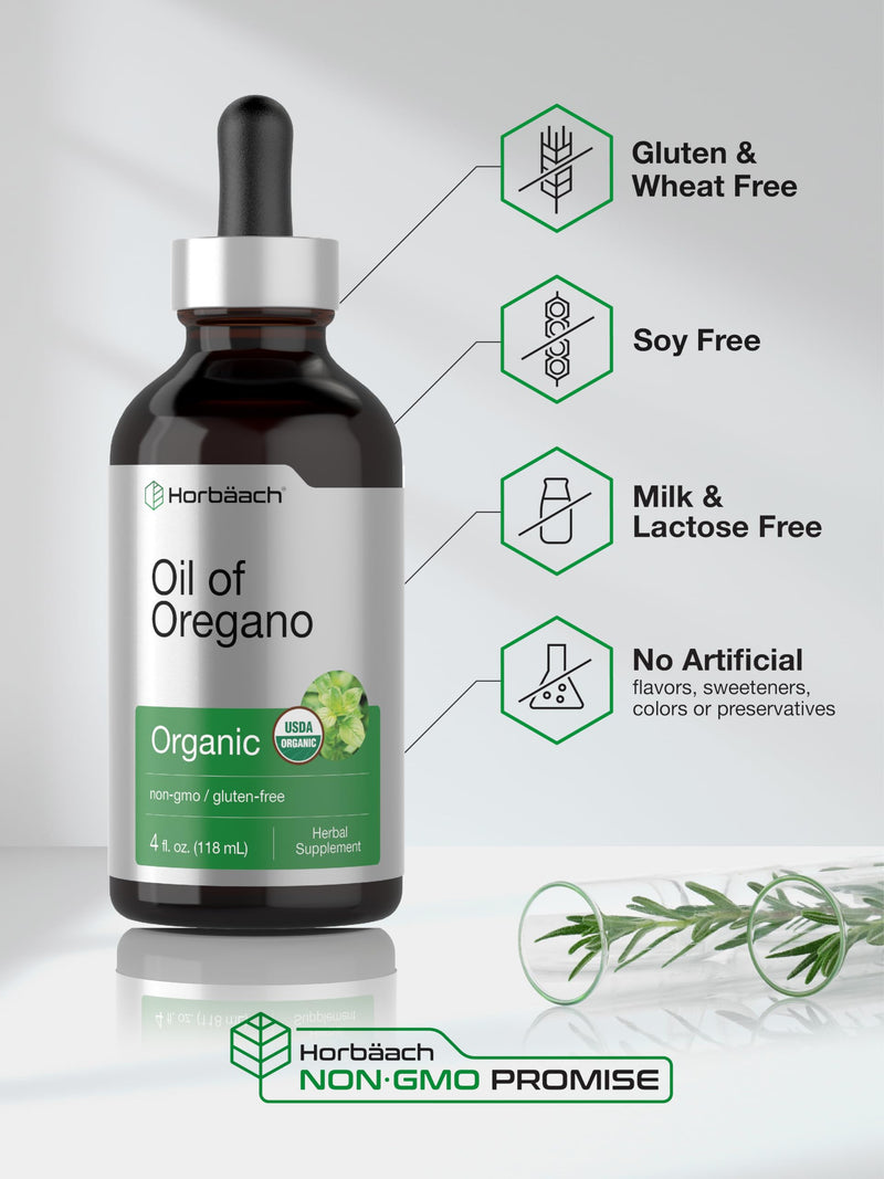 Horbäach Organic Oil of Oregano Drops 4 fl oz Liquid | Vegan | Non-GMO, Gluten Free