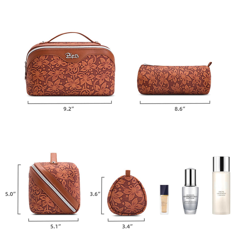 BOYATU Travel Makeup Bag Cosmetic Bags for Women: 3 Pcs Set Make up Bag | Large Capacity Waterproof Vegan Leather Organizer Bags with Compartments - Lay flat Toiletry with Handle (Z-61Brown) Z-61Brown
