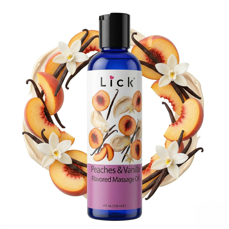 Peaches and Vanilla Flavored Massage Oil – Tropical Edible Massage Oil with Sweet Almond Oil & Vitamin E, Hydrating Body-Safe Formula for Relaxing Couples Massage, 4 oz