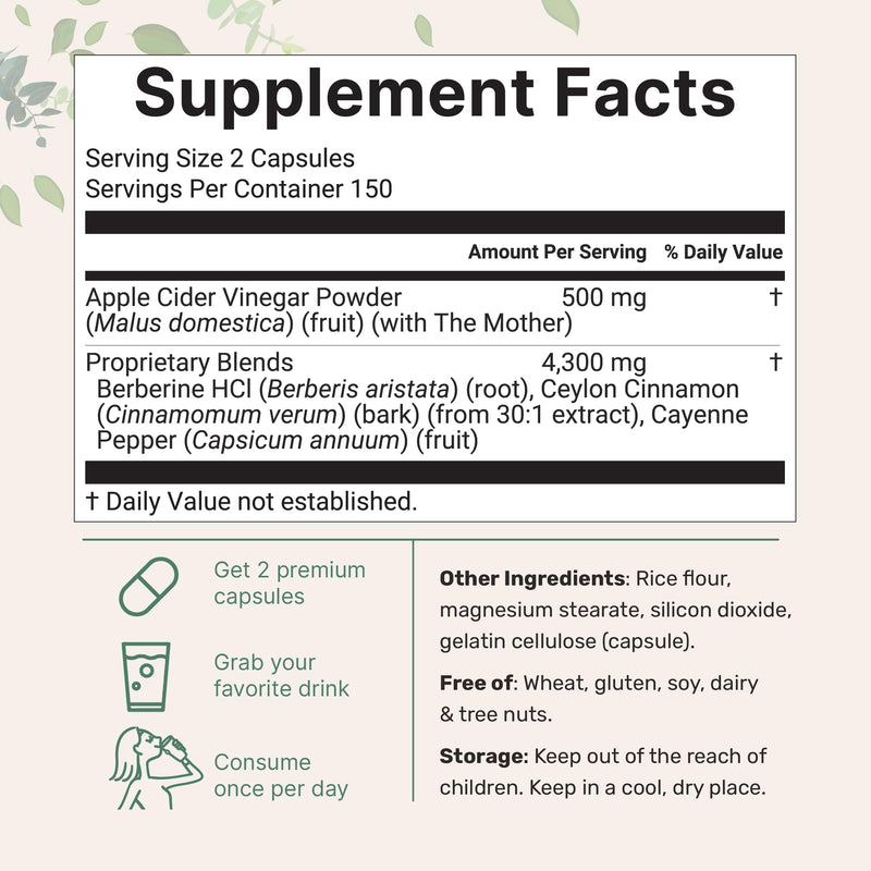 [Australia] - Apple Cider Vinegar with The Mother 4,800mg Per Serving, 300 Capsules | 4-in-1 ACV Complex | Ceylon Cinnamon, Cayenne Pepper, & Berberine | Immune, Digestion & Appetite Support | Non-GMO, Gluten Free 