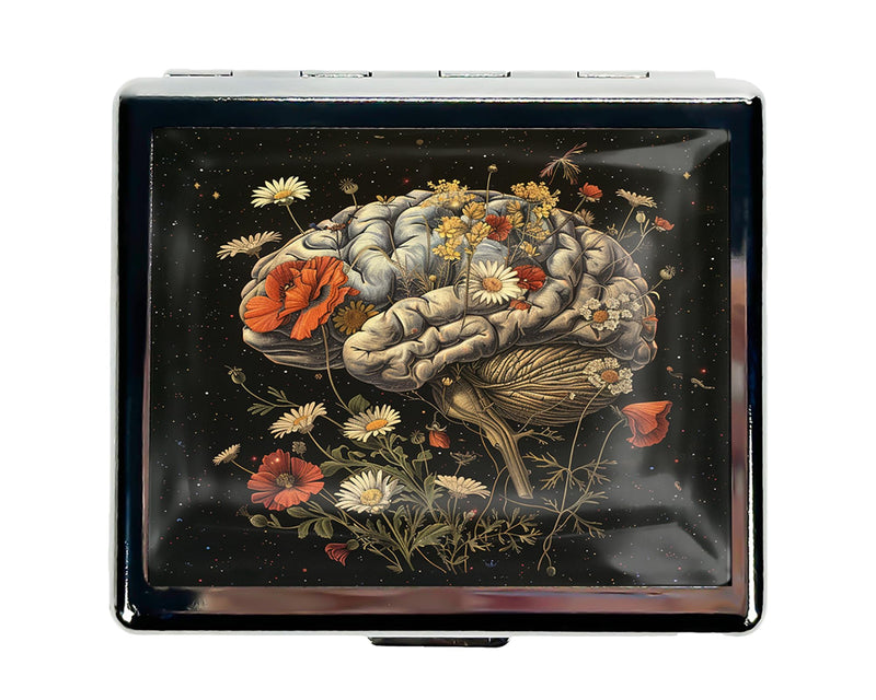 Cute and Stylish Metal Pill Box - Compact Portable Pill Organizer with 8 Compartments, Food-Grade Divider, Ideal for Travel, Vitamins, Jewelry, Cosmetics (Floral Cerebrum) Floral Cerebrum
