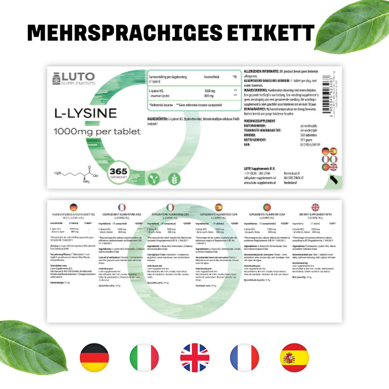 [Australia] - L-Lysine 1000-365 tablets - 1000 mg per ONE tablet - From plant fermentation - Without unwanted additives - High dosage - Vegan - LUTO Supplements 