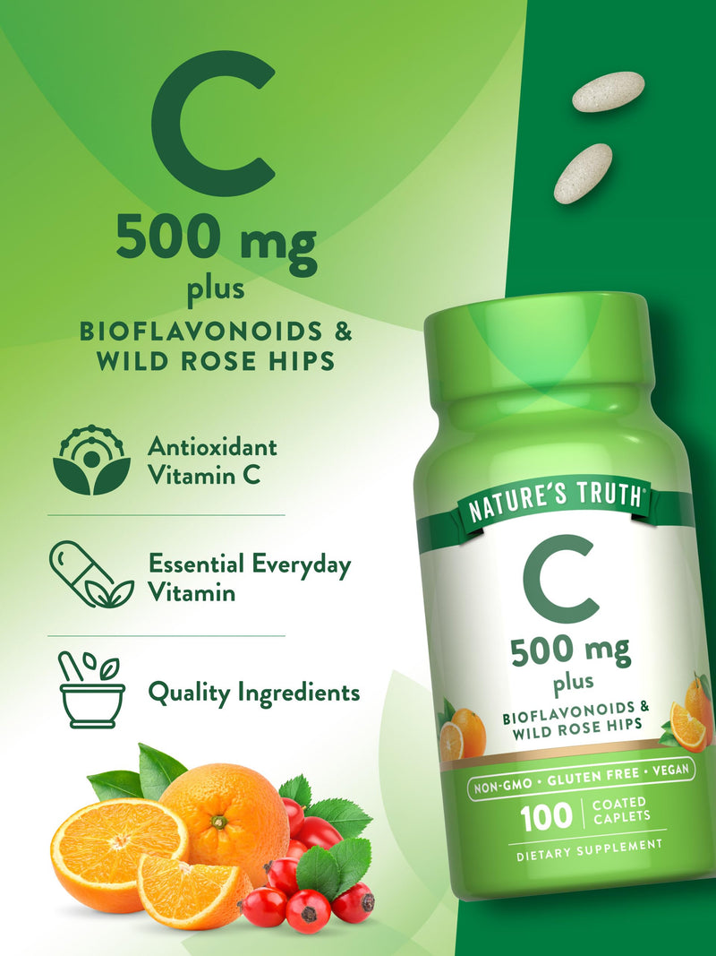 Nature's Truth Vitamin C with Rose Hips and Bioflavonoids | 500mg | 100 Caplets | Vegan, Non-GMO & Gluten Free 100 Count (Pack of 1)