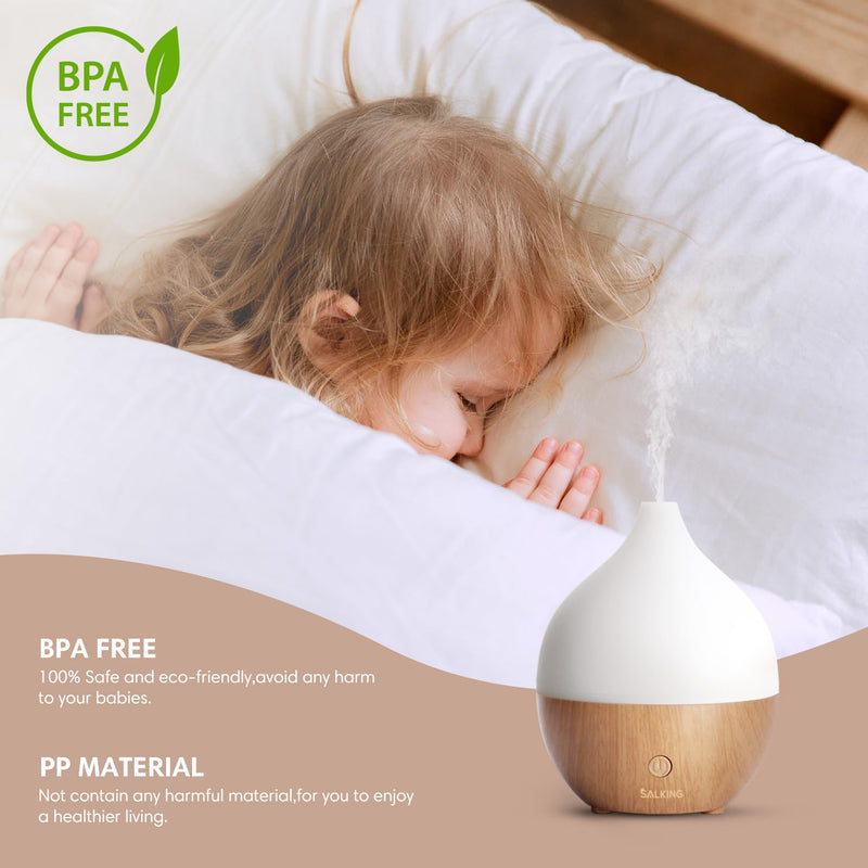 [Australia] - SALKING Essential Oil Diffuser, 100ml Small Aromatherapy Diffuser with Auto Shut-Off Function, Ultrasonic Diffusers for Essential Oils, Cool Mist Humidifier with Warm White Lights, for Office Home White + Wooden Grain 