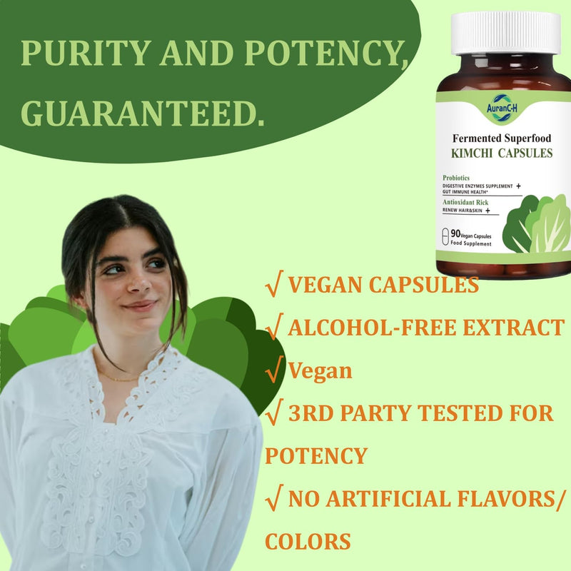 Daily Capsules of Premium Fermented Kimchi - Kimchi Powder 90 Vegan Capsules Natural Nutritional Supplement - Probiotics for Gut Health & Immune Support – Enhance Energy, Focus, Skin and Hair Health