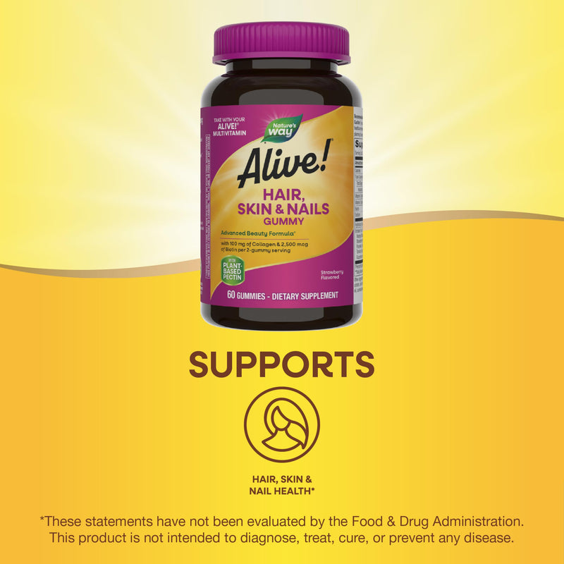 [Australia] - Nature's Way Alive! Hair, Skin & Nails Gummies, Advanced Beauty Formula*, with Biotin and Collagen, Strawberry Flavored, 60 Gummies (Packaging May Vary) 