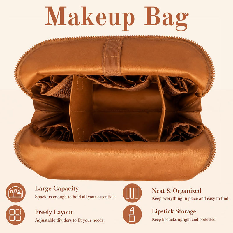 27-Pocket Travel Makeup Bag, Foldable Cosmetic Organizer, Brown | 27 pockets, 3 brush slots, adjustable dividers, waterproof PVC, foldable standing, parallel design, for travel home gym