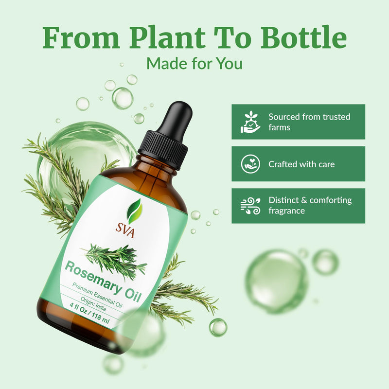 [Australia] - SVA Rosemary Essential Oil ‚Äì 4 Fl Oz ‚Äì 100% Natural Rosemary Oil for Hair, Face, Skin Care, Diffuser, Aromatherapy, Scalp, Body Massage, Soap and Candle Making ‚Äì with Dropper 4 Fl Oz (Pack of 1) 