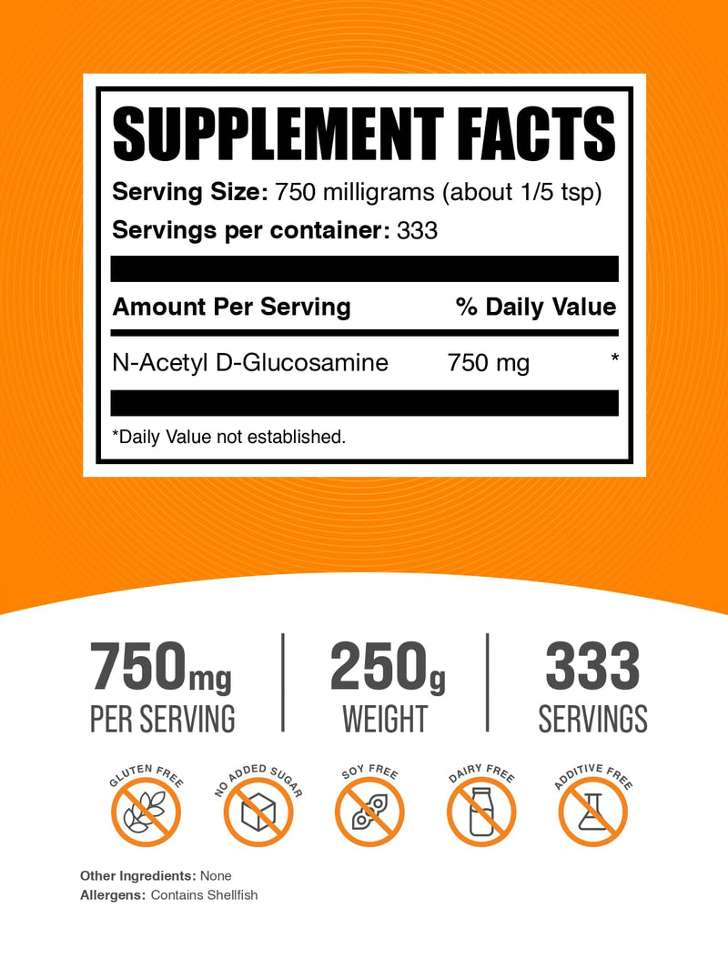 BulkSupplements.com N-Acetyl Glucosamine Powder - NAG Powder, Glucosamine 750mg, Glucosamine Supplement - Glucosamine Powder, Gluten Free, 750mg of per Serving, 250g (8.8 oz) (Pack of 1) 333 Servings (Pack of 1)