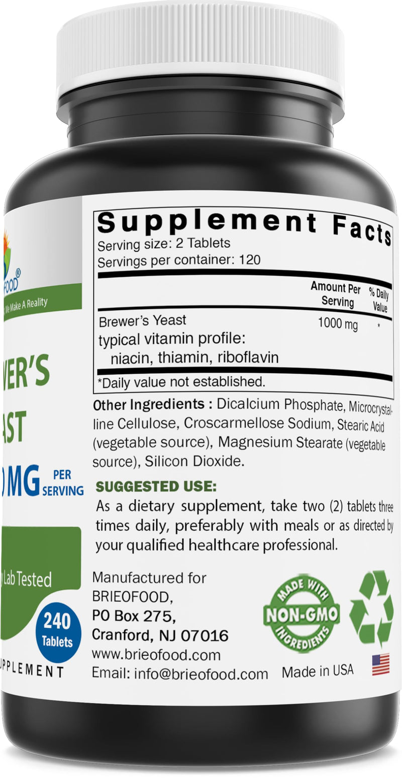 [Australia] - Brieofood Brewers Yeast 1000 mg per Serving - 240 Tablets - 3rd Party Labe Tested for Purity & Quality 