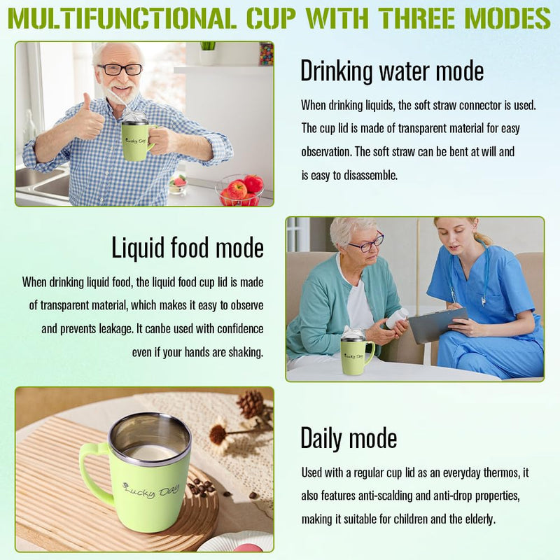 Adult Sippy Cups for The Elderly Non Spill, 3-in-1 Elderly Spill Proof Cups, 350ml Beakers for Elderly with Lid and 30cm Straw, Stainless Steel Dysphagia Cups with Handle for Elderly Patient Green