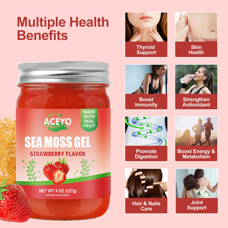 (8 OZ) Sea Moss Gel Irish,Raw Seamoss 102 Vitamins Strawberry Flavor | Wild Harvested,Support Immune,Non-GMO,Gluten-Free,Vegan 8 Ounce (Pack of 1)