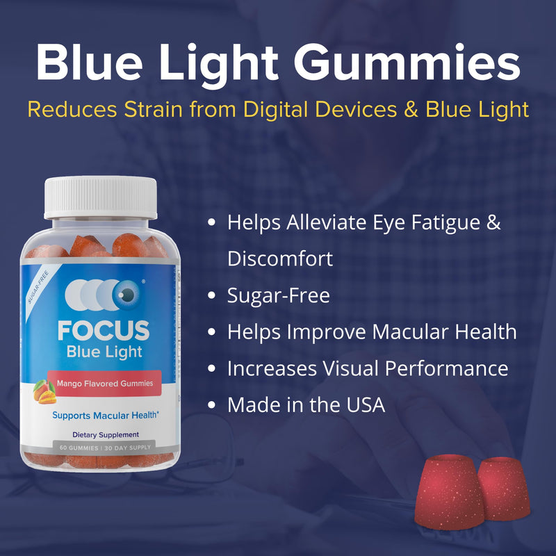 Focus Blue Light Mango Eye Vitamin Gummies, Lutein, Zeaxanthin, 60 Count | Support macular health, relieve eye fatigue, and protect vision from digital devices, made in USA, 30-day supply