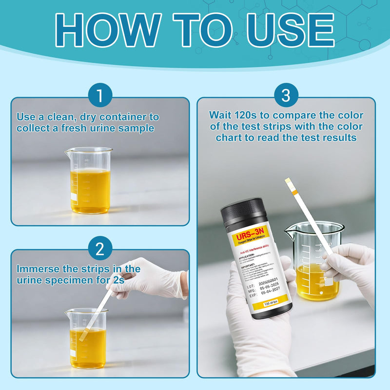 Urine Test Strips, 3-in-1 100 Strips UTI Test Strips, Urine Test Strips for Urinalysis Full Panel at Home, Urinalysis Test Strips for Leukocytes, Nitrite, pH for Women Men 1 Count (Pack of 100)