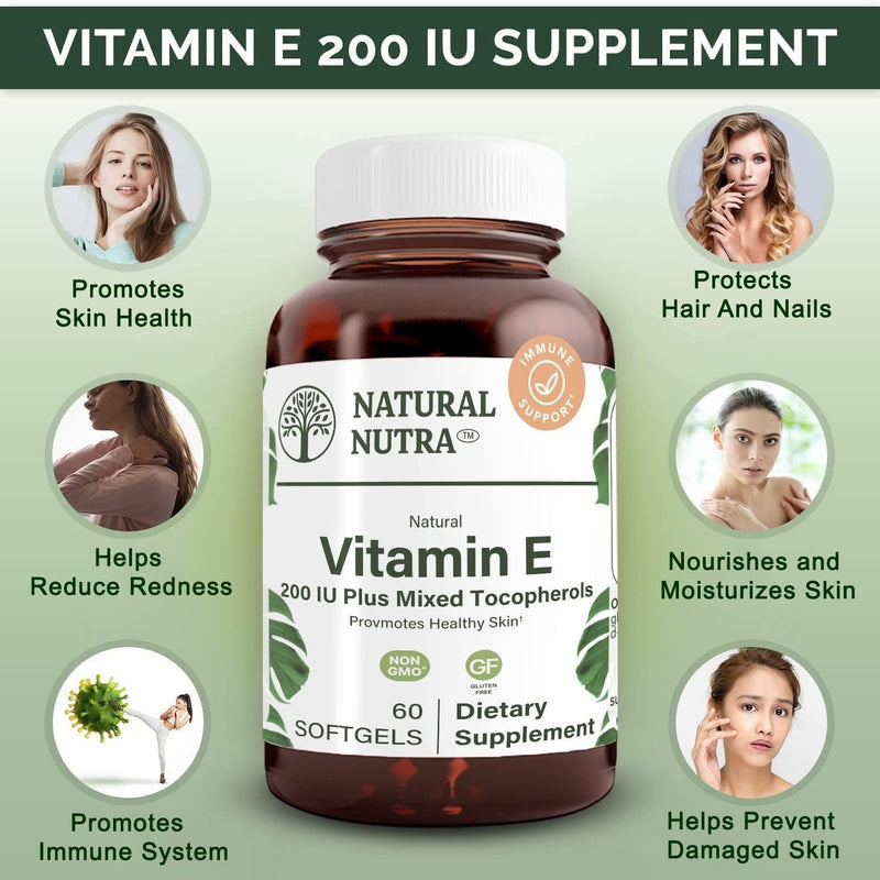 Natural Nutra Vitamin E 200 IU Supplement for Skin, Hair and Nails, Promote Heart Health, Helps Reduce Redness, Helps to Prevent Skin Texture, Promoted Immune System, Gluten Free, 60 Softgels