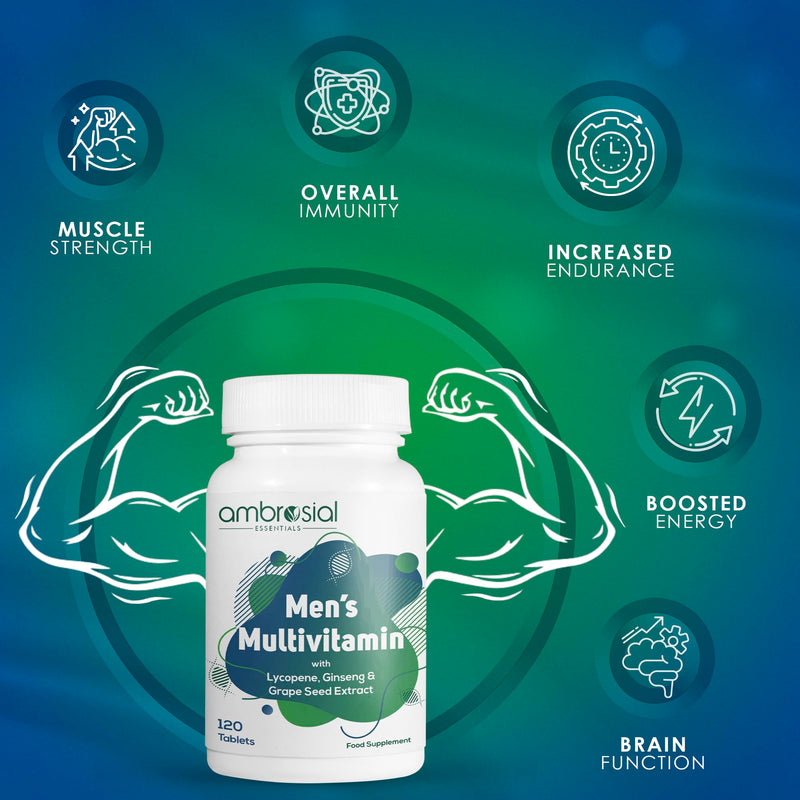 Ambrosial Men's Multivitamin Tablets for Men with Lycopene, Ginseng & Grape Seed Extract Supports Muscle Strength, Immunity, Energy & Endurance - Multi Vitamins for Men Fitness Enthusiast 120 Tablets