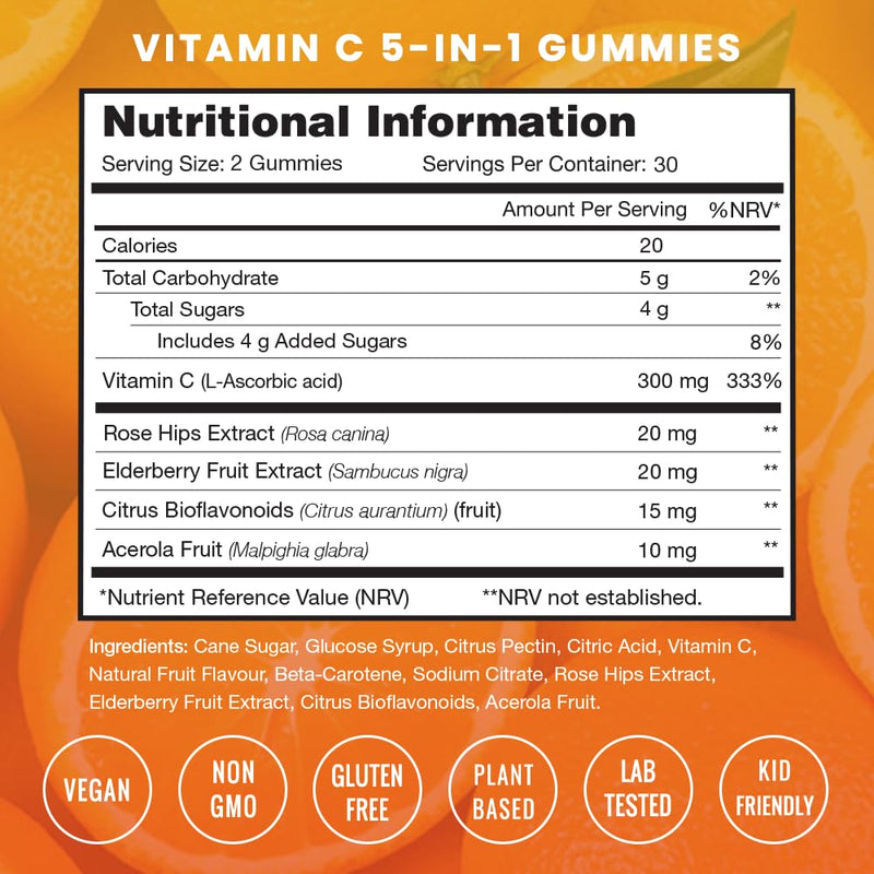 Vitamin C Gummies for Adults & Kids, 5-in-1 Immune System Support with Elderberry, Rosehips, Citrus Bioflavonoids & Acerola Cherry, Immunity Booster Supplement