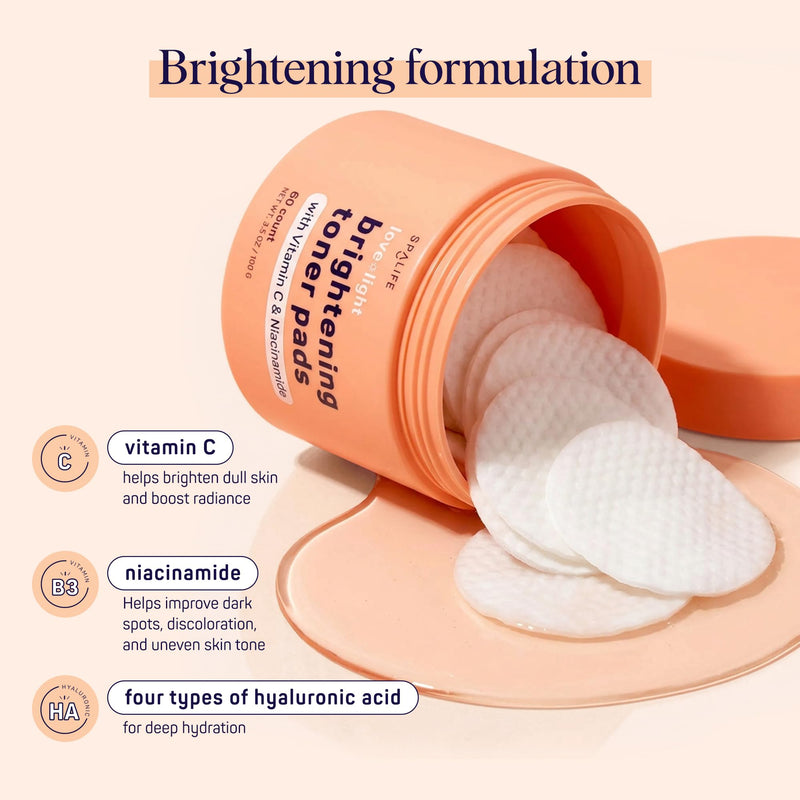 SpaLife Brightening Korean Toner Pads | For Uneven Skin Tone, Dark Spots & Discoloration, Clogged Pores, Dullness with Vitamin C, Niacinamide | Pre-Soaked Pads | 60 Count Love + Light Brightening