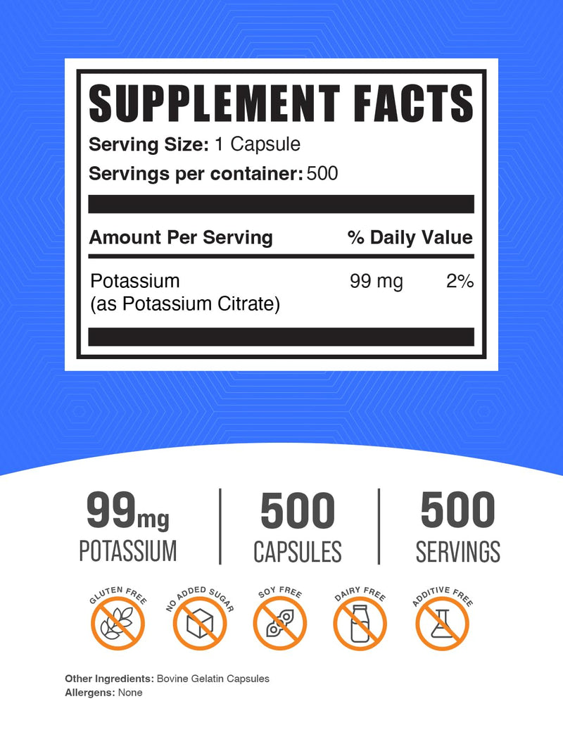 BulkSupplements.com Potassium Citrate Capsules - Potassium Supplement, Potassium Citrate 99mg - Potassium Citrate Supplement, Potassium Pills - 1 Capsule per Serving, 500 Capsules (Pack of 1) Unflavored 500 Count (Pack of 1)