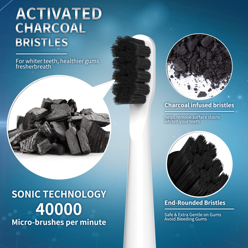 YUNCHI Sonic Electric Toothbrush for Adults & Kids with 8 Charcoal Brush Heads, Y2 Rechargeable Electric Toothbrushes, Deep Clean & Fresh Breath, 5 Modes, Fast Charge, 2 Mins Timer Tooth Brush,White