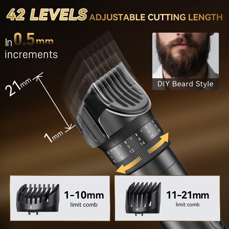 [Australia] - Beard Trimmer for Men - 42 Adjustable Length Settings Hair Clippers, Professional Body Hair Trimmer for Men Precision Facial Hair Trimming IPX6 Waterproof Nose Trimmers LED Display Mustache Trimmers Black 