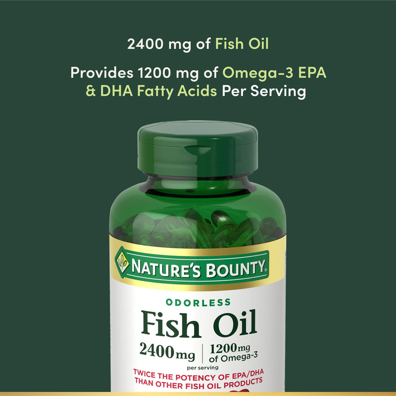 Nature's Bounty Odorless Fish Oil, 1200mg Omega-3 per Serving Including EPA & DHA, Supports Heart Health, Purified to Eliminate Mercury, Coated Softgels, Gluten Free, No Shellfish, 90 Ct 90 Count (Pack of 1)