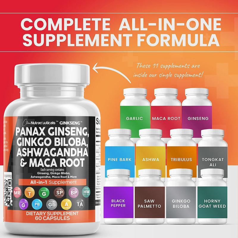 [Australia] - Clean Nutraceuticals Panax Ginseng 10000mg Ginkgo Biloba 4000mg Ashwagandha Maca Root 3000mg - Focus Supplement Pills for Women and Men with Pine Bark Extract, Garlic, and Saw Palmetto - 60 Caps 