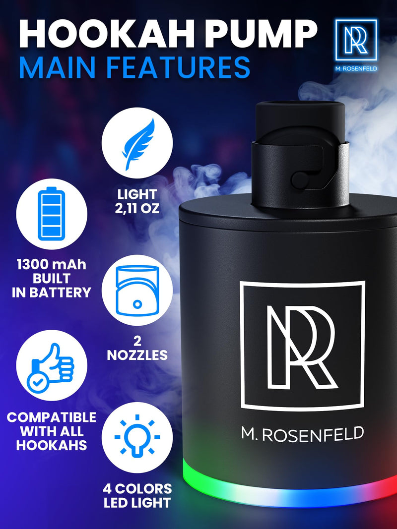 [Australia] - M. ROSENFELD Hookah Pump with 1300 mAh Rechargeable Battery - Electric Hookah Air Pump Kit with Led Light - Mini Hookah Pump Starter - Universal Shisha Hookah Starter Kit Helper - Hookah Starter Black 