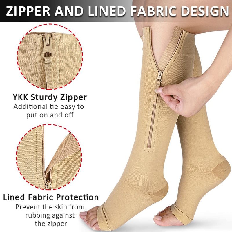 [Australia] - Ailaka Medical Compression Socks with Zipper, Knee High 15-20 mmHg Compression Socks for Women Men, Open Toe Support Socks for Varicose Veins, Edema, Recovery, Pregnant, Nurse X-Large (1 Pair) Beige 